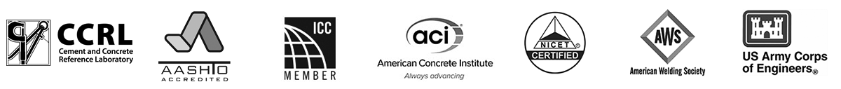 logos identifying certifications with the Cement and Concrete Reference Laboratory, AASHTO, ICC, American Concrete Institute, NICET, American Welding Society, and US Army Corps of Engineers